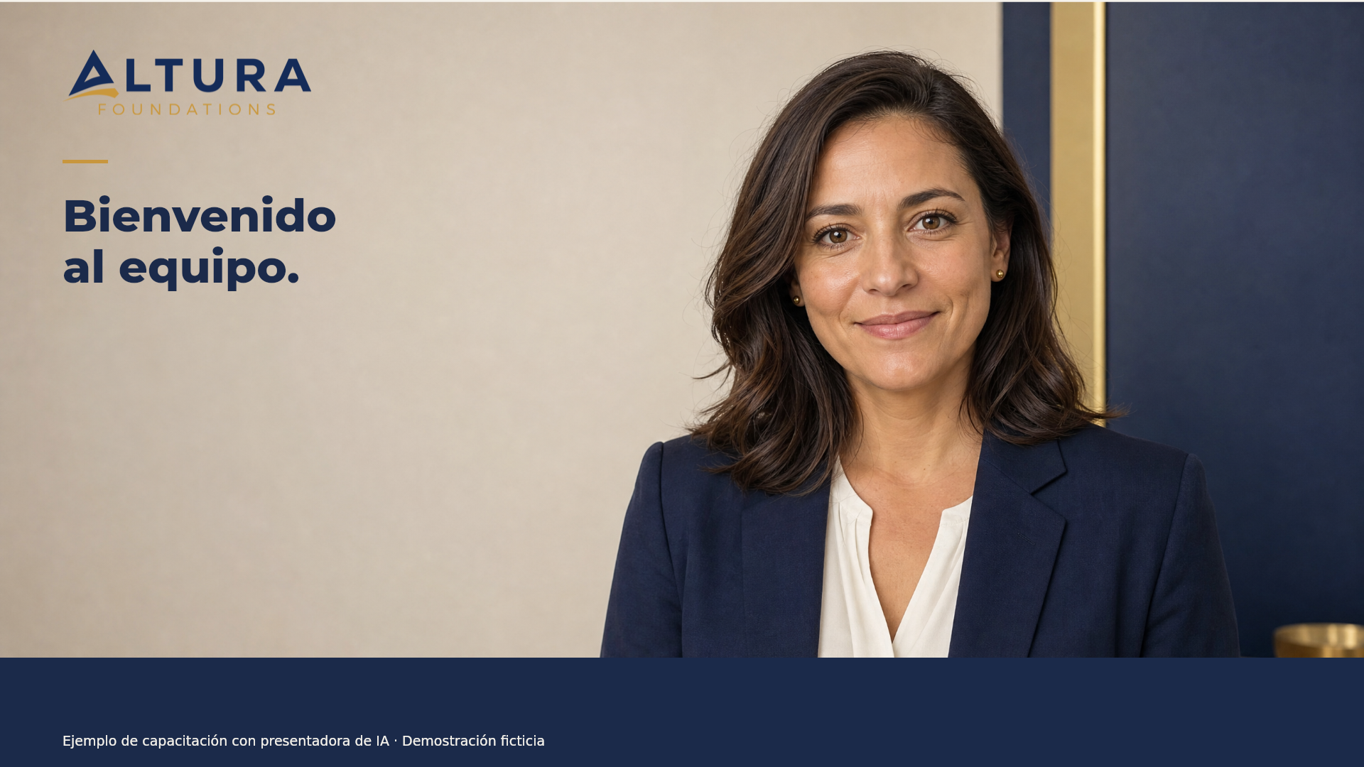 Presentadora de IA en una postura relajada, lista para dar la bienvenida al equipo